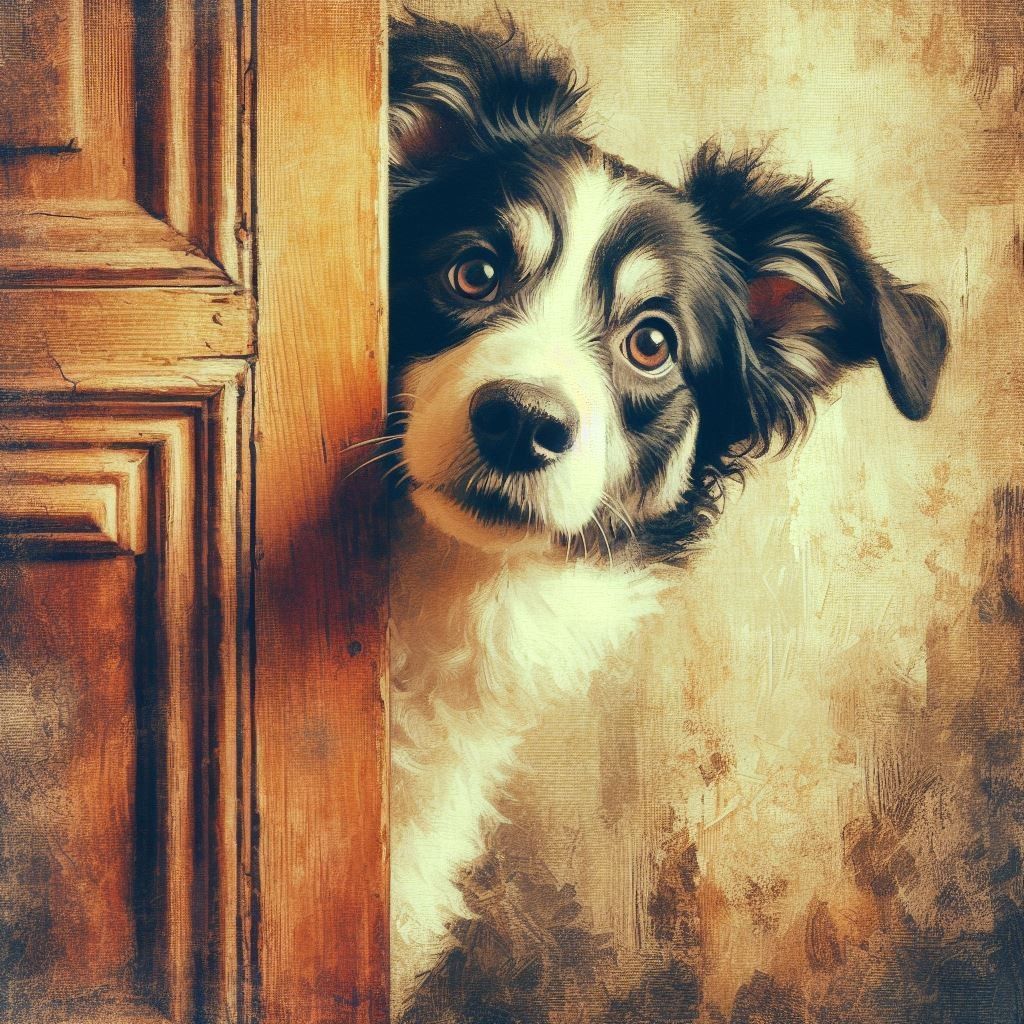 Border collie puppy with wide eyes peeking around wooden door