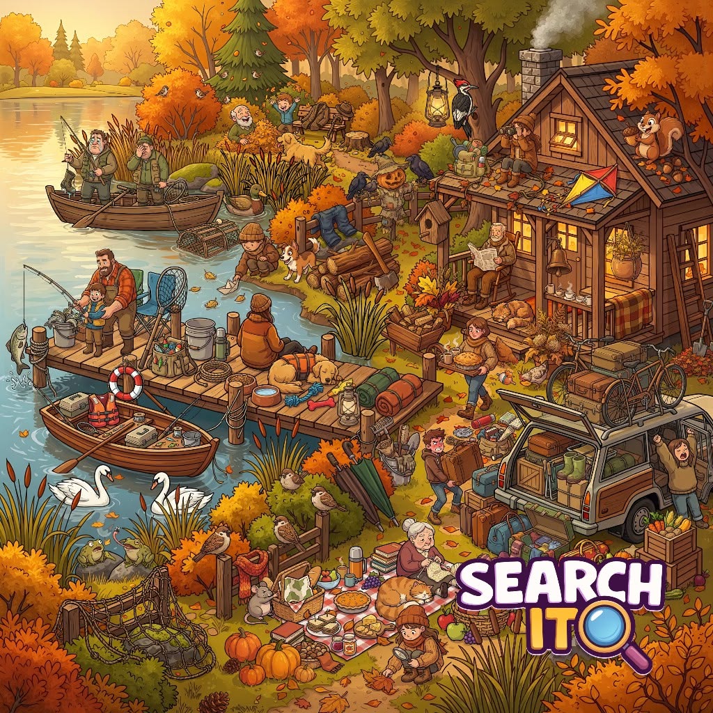 Illustrated autumn fishing village with boats, cottages, and orange trees by the water