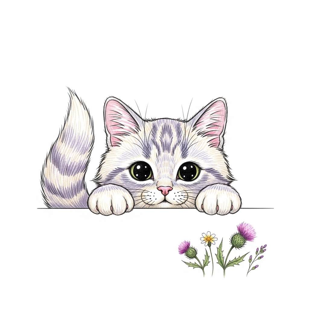 Illustration of a cute grey tabby kitten peeking over a surface with wildflowers nearby