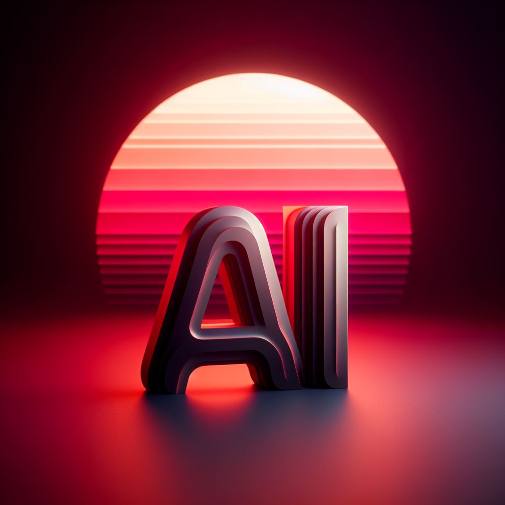 3D letters AI in front of a glowing retro pink sunset on a dark background