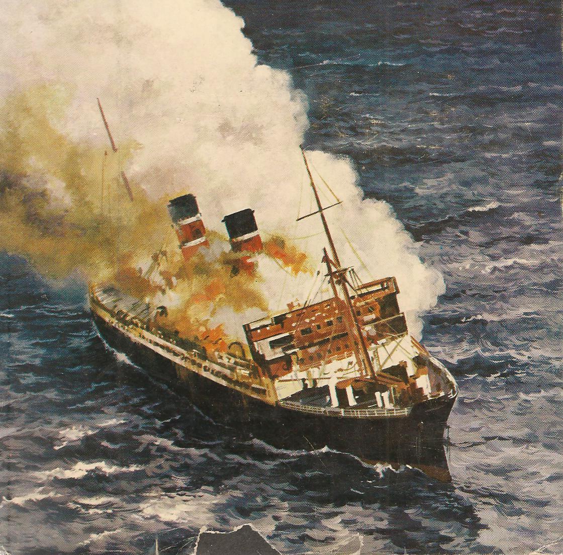 Painting of the Morro Castle ship on fire at sea with heavy smoke