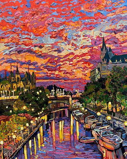 Colorful impressionist painting showing canal with boats under vivid orange sunset sky and silhouetted buildings