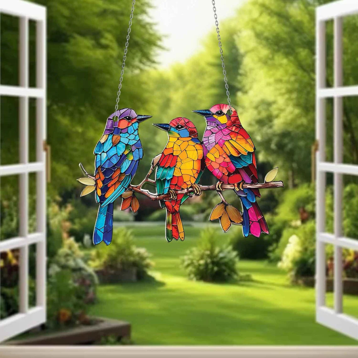 Three colorful bird suncatchers hanging in an open window with a blurred garden behind