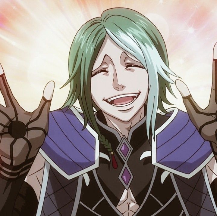 Smiling anime character with green hair in purple and black outfit making peace signs