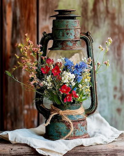 Colorful wildflower bouquet in an old green patina lantern on a wooden table with rustic background