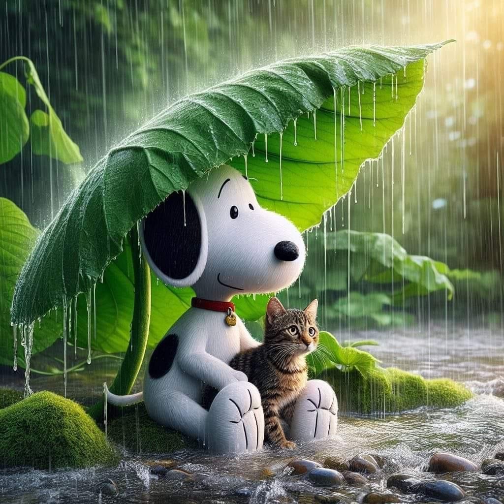 Cartoon white dog with black ears sitting with tabby kitten under large green leaf in rain