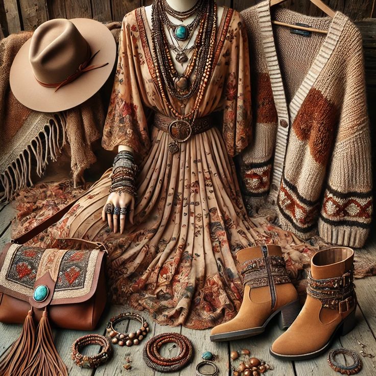 Bohemian western clothing and accessories including dress, hat, jewelry, and boots in earth tones