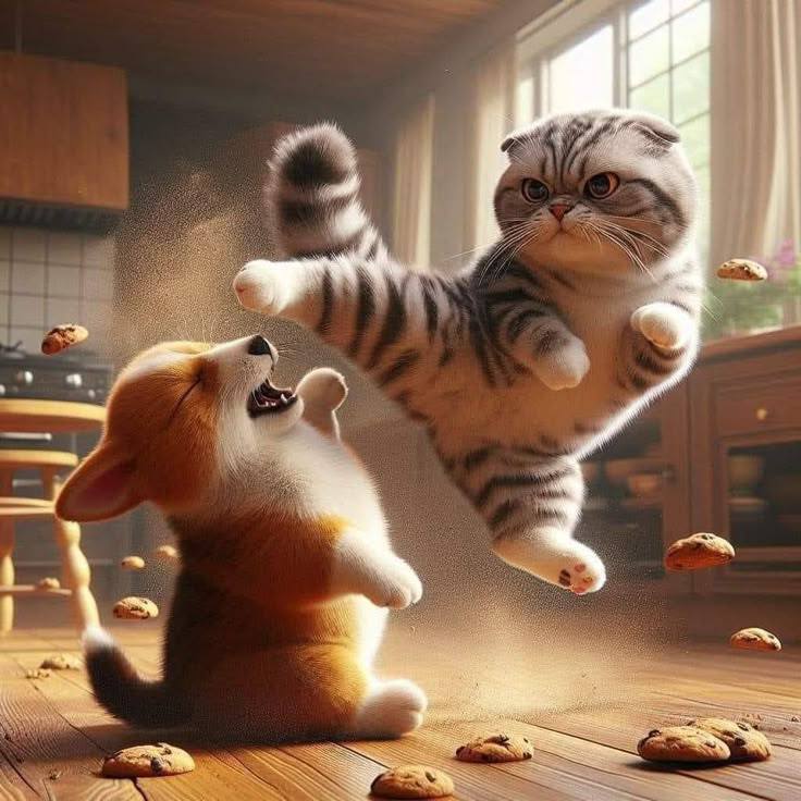Stylized cats play-fighting in a sunlit kitchen with cookies scattered on the floor