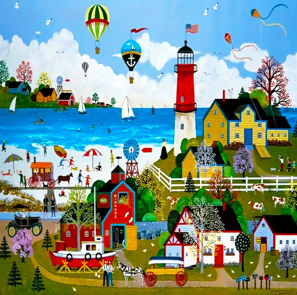 Folk art coastal village scene with lighthouse, houses, sailboats, hot air balloons, and farm animals
