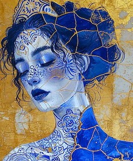 Stylized portrait of woman with blue mosaic pattern and gold leaf background