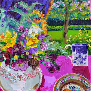 Colorful painting of flowers in decorative vase with landscape scene, thick paint texture and vibrant colors