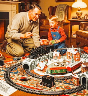 Grandfather and boy playing with a model train set and miniature winter village on living room floor