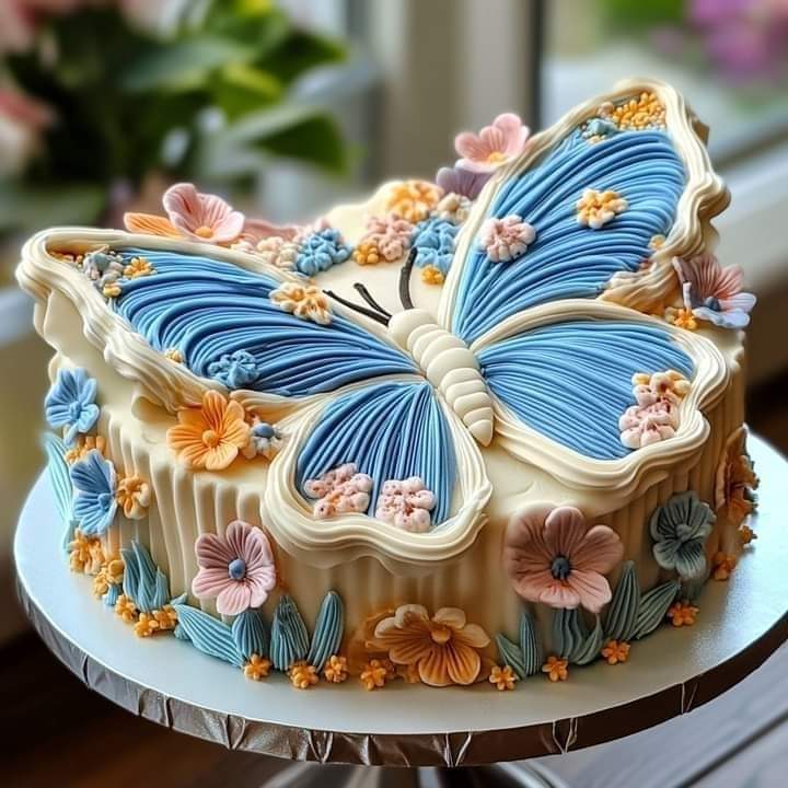 Butterfly-shaped cake with blue frosting and pastel floral decorations on a cake stand