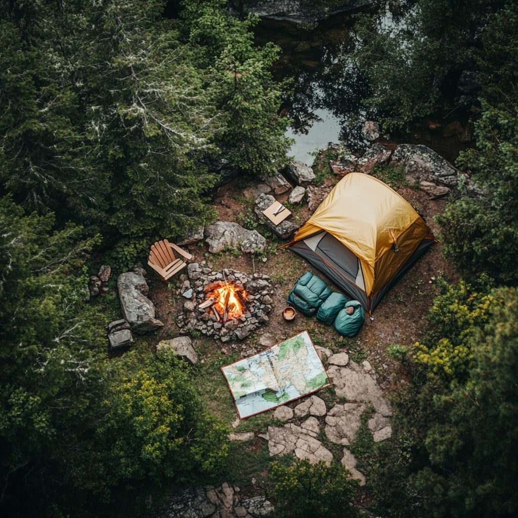 Aerial view of a forest campsite with a yellow tent, campfire, chairs, and map on rocks
