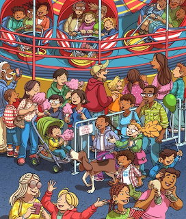 Colorful cartoon illustration of a busy amusement park with families, children, a carousel, and cotton candy