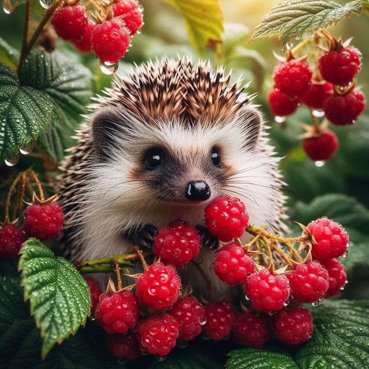 Hedgehog with black eyes and spines among clusters of red raspberries and green leaves