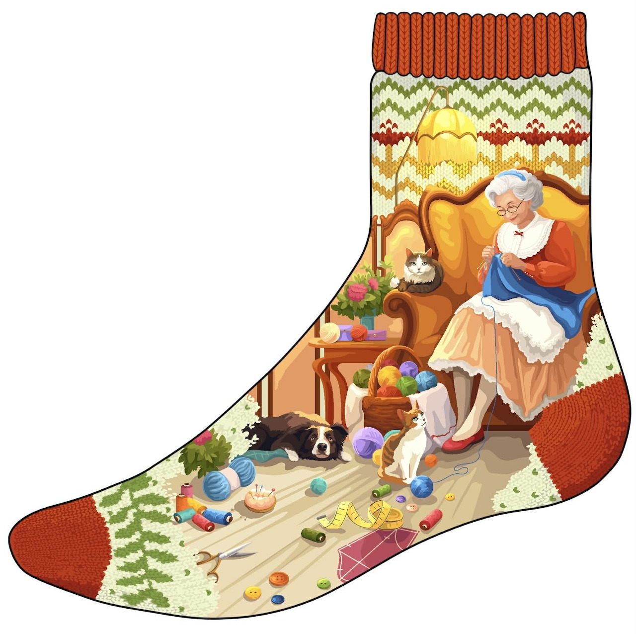 Illustrated Christmas stocking with an elderly woman knitting in a cozy room beside a sleeping cat