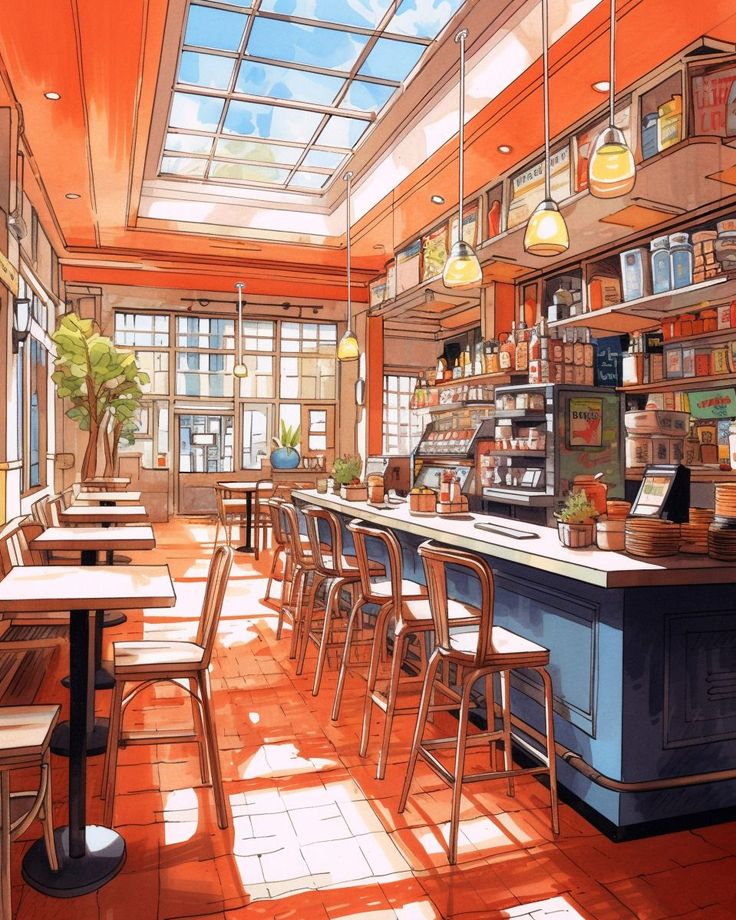 Anime illustration of a bright cafe interior with warm sunlight, wooden furniture, and shelves of bottles