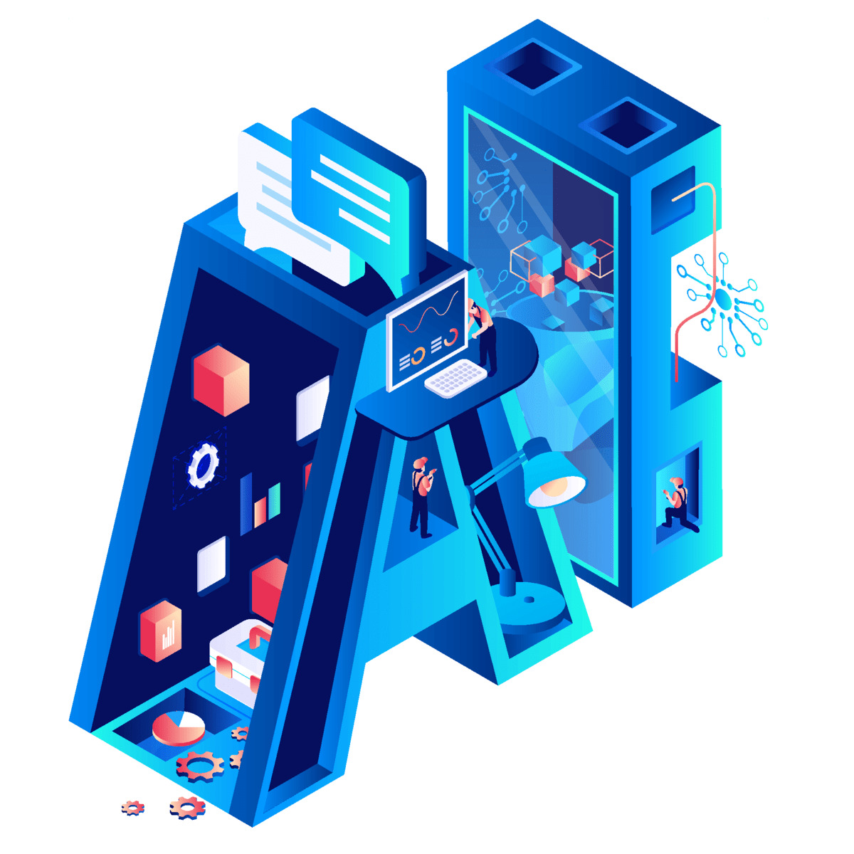 Colorful 3D letter A illustration with artificial intelligence and tech elements