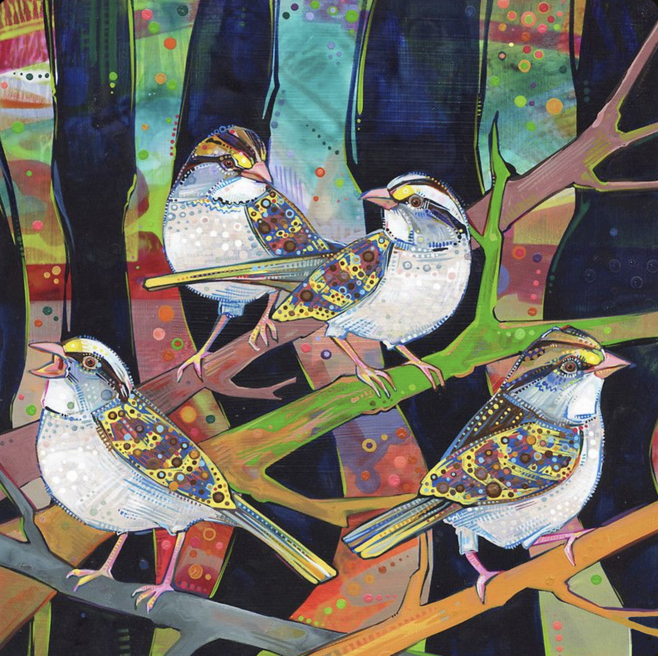 Colorful painting of four patterned birds perched on tree branches