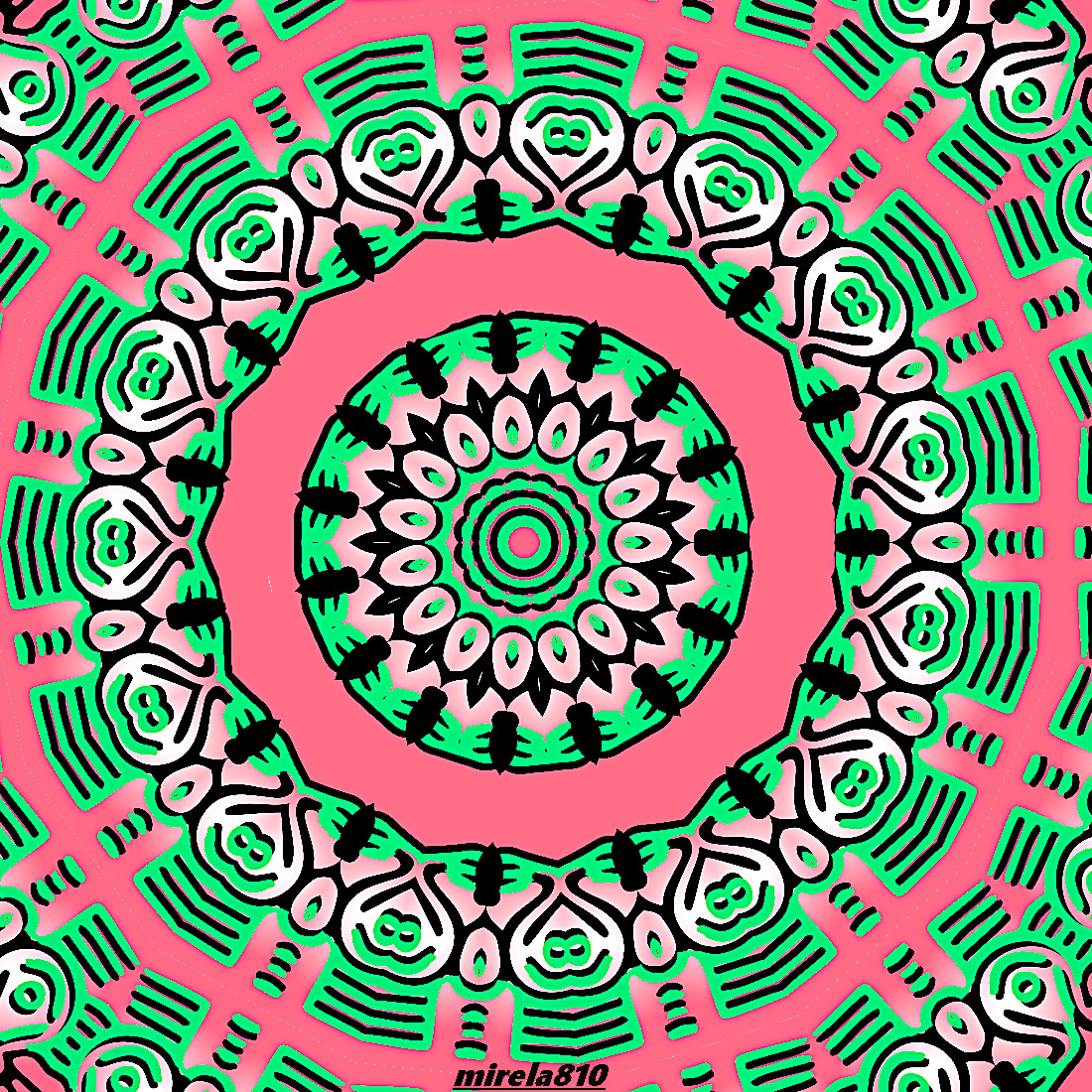 Symmetrical mandala with radiating green and pink geometric patterns in concentric circles