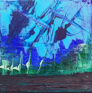 Abstract painting with expressive blue and black brushstrokes on turquoise green background