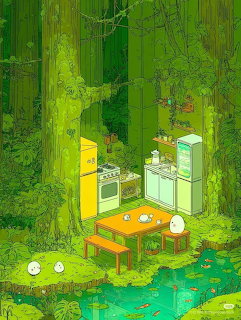 Isometric illustration of a cozy kitchen with egg characters in a green forest setting with trees and a pond