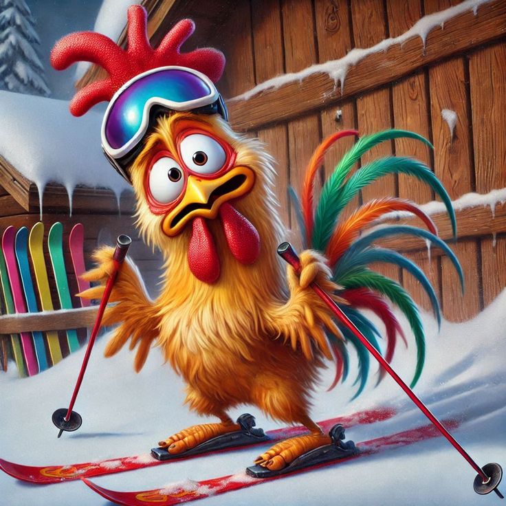 Cartoon rooster wearing ski goggles and hat, standing on skis in snow with wooden barn behind