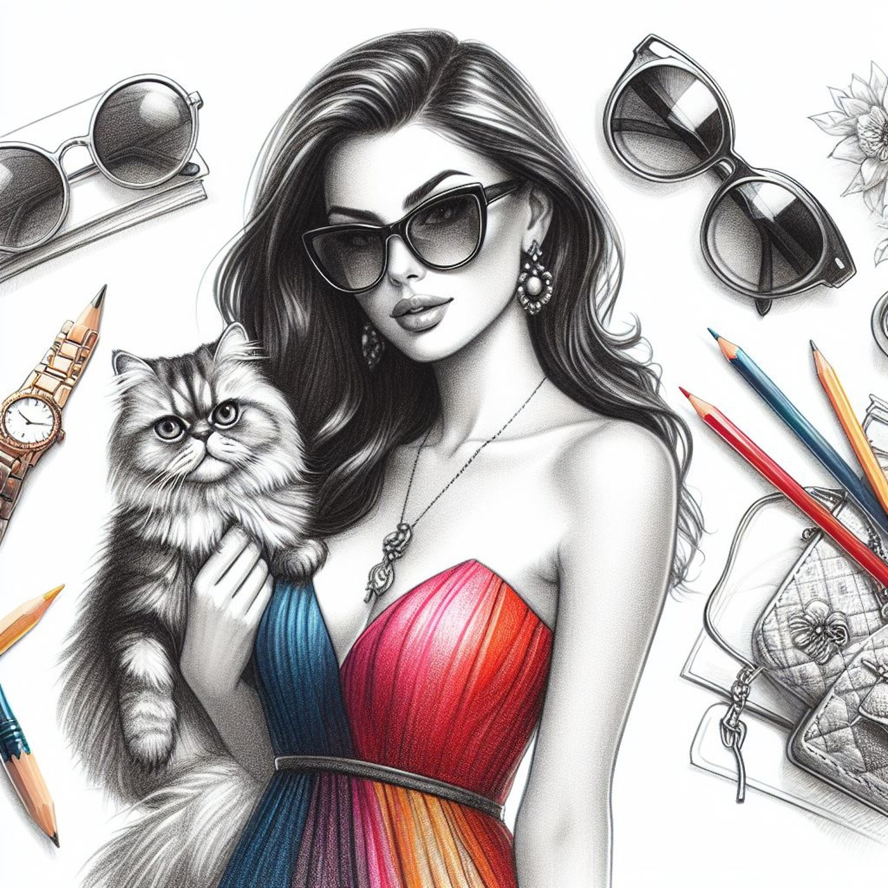 Fashion illustration of a stylish woman holding a fluffy cat, with sunglasses and pencils around her