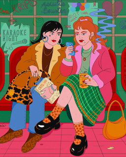 Colorful illustration of two fashionable women sitting at a karaoke bar holding drinks