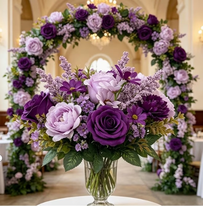 Purple and lavender flower bouquet in a glass vase with a floral arch in the background