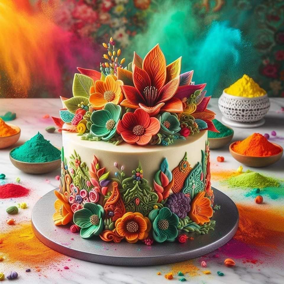 Round white cake decorated with colorful sugar flowers including orange blooms and green leaves on dark plate