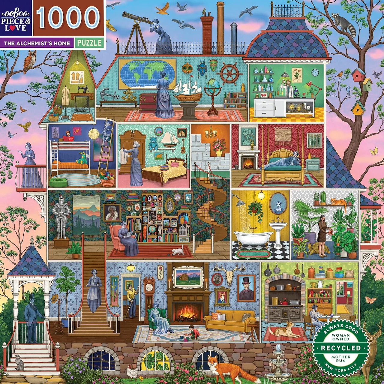 Cutaway view of ornate multi-story house with many decorated rooms, plants, and objects