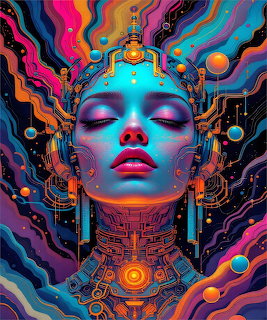 Portrait of woman with neon blue skin, ornate mechanical headpiece, and vibrant swirling rainbow background
