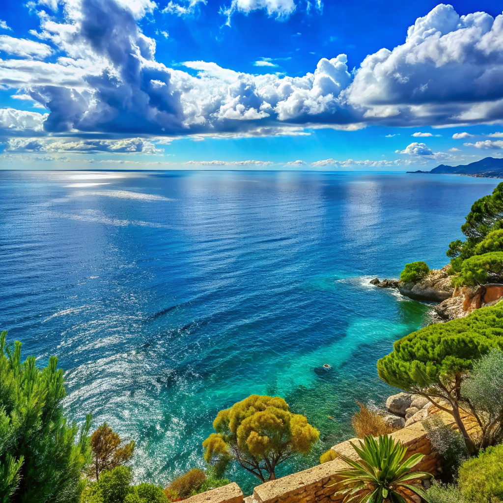 Blue ocean and dramatic clouds seen from a rocky coast with green trees and turquoise water