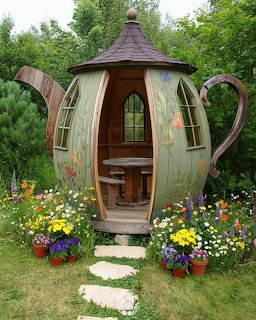 Garden shed shaped like a giant teapot with door, windows, handle and spout, surrounded by flower beds