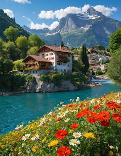 Swiss village with chalets on a cliff above turquoise lake, colorful flowers in foreground, mountain peak behind