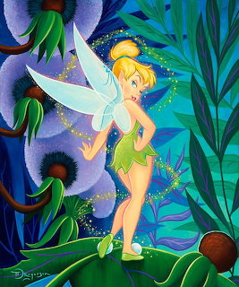 Blonde fairy in green outfit standing in enchanted forest with luminescent flora