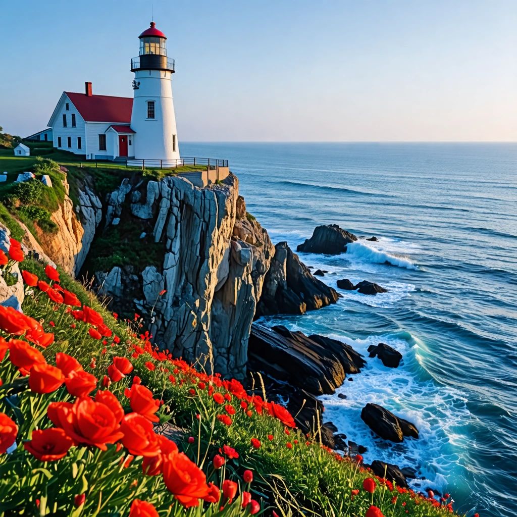 White lighthouse on rocky coastal cliff with red flowers and ocean view