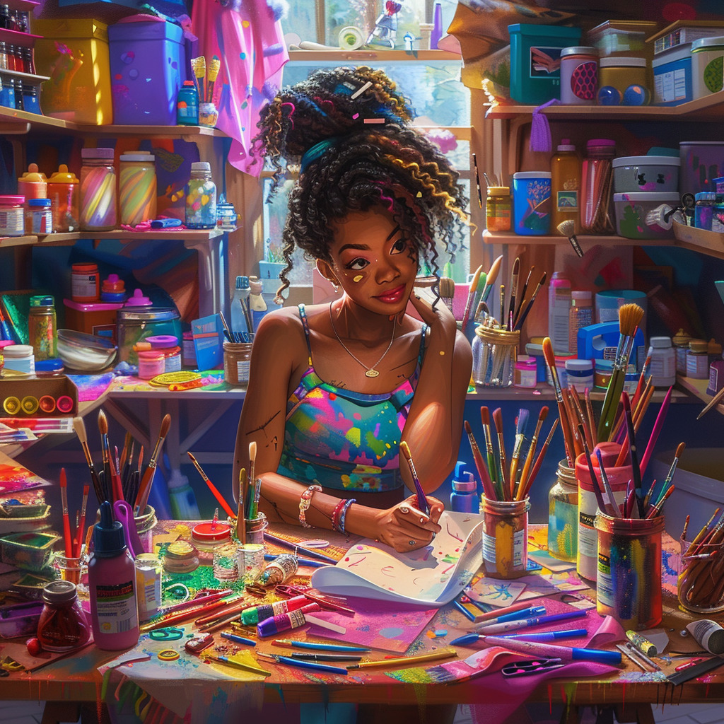 Artist with curly hair working at craft table filled with colorful art supplies and paint containers