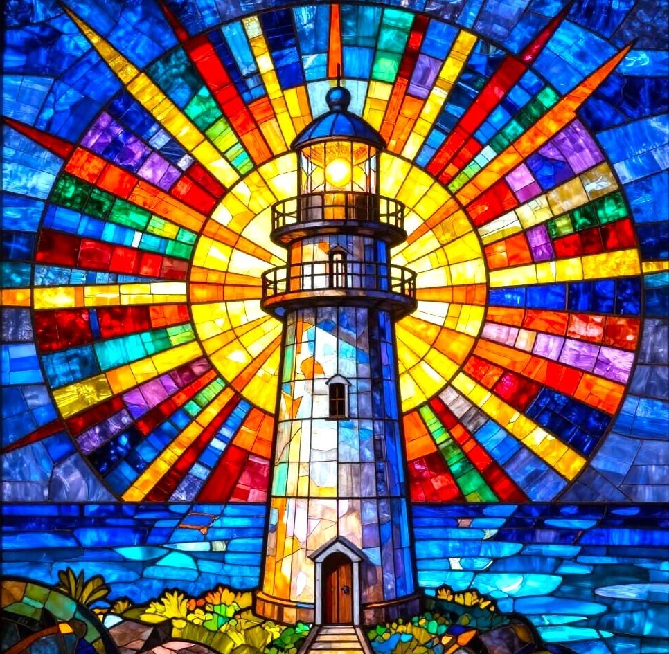 White lighthouse with colorful stained glass sunburst pattern radiating behind it over blue water
