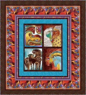 Colorful patchwork quilt with four stylized horse images and decorative fabric borders