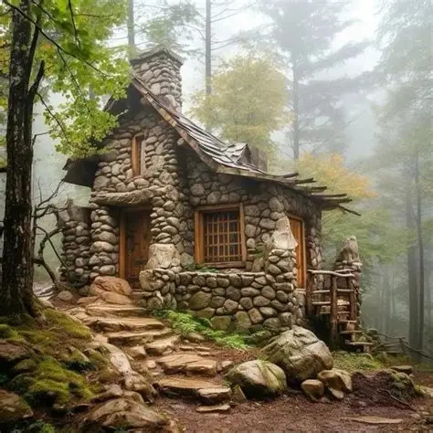 Small stone cottage with curved roof in foggy forest, stone pathway leading to wooden door, surrounded by tall trees