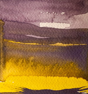 Abstract watercolor painting with purple and mauve sky over golden yellow landscape