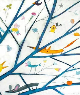 Illustration of blue tree branches with birds, a fox, flowers, and a yellow birdhouse