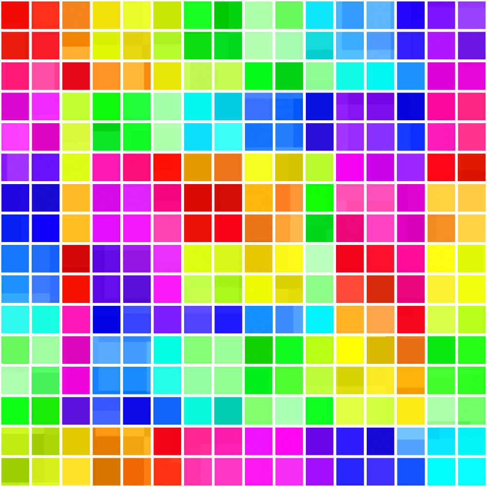 Colorful mosaic grid of rainbow-colored square tiles arranged in an abstract pattern