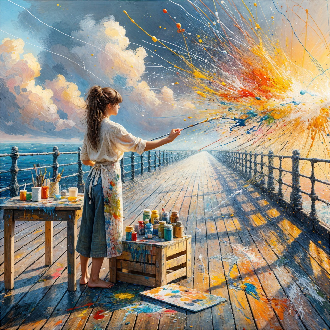 Woman artist on wooden pier throwing colorful paint splashes into a cloudy sky over the ocean