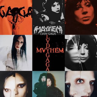 Collage of stylized Lady Gaga portrait images with Mayhem text in red, black, white, and blue