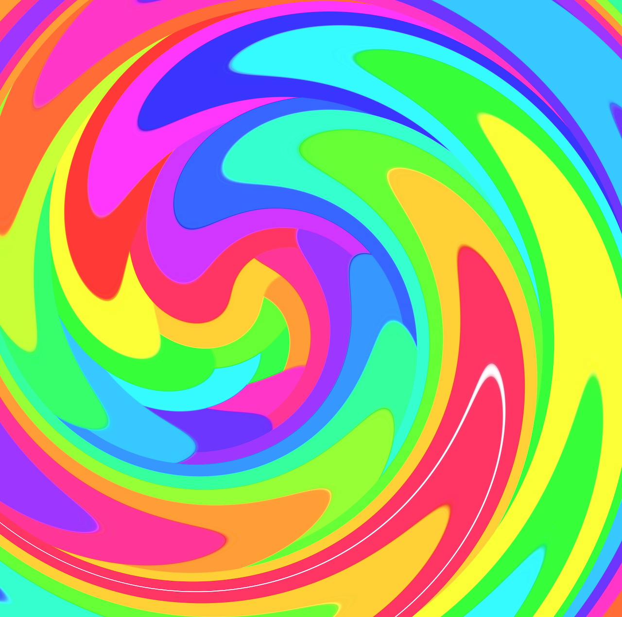 Colorful rainbow swirl with spiraling curved bands in bright spectrum colors