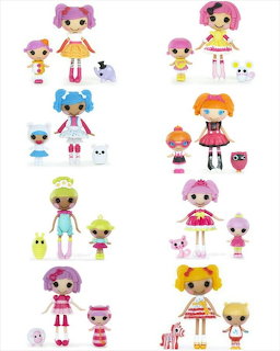 Eight pairs of Lalaloopsy Mini dolls with their little sisters, each with unique colorful outfits and small pet accessories.